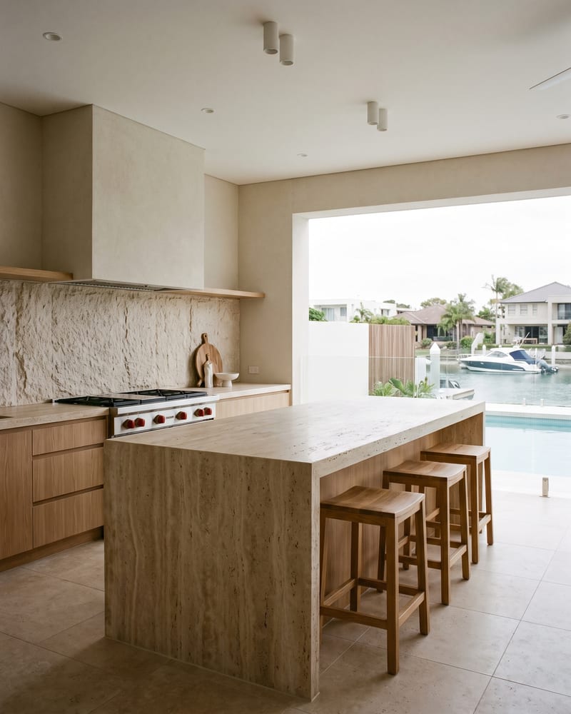 Luxury outdoor kitchen with a stone island and oak cabinetry by the pool