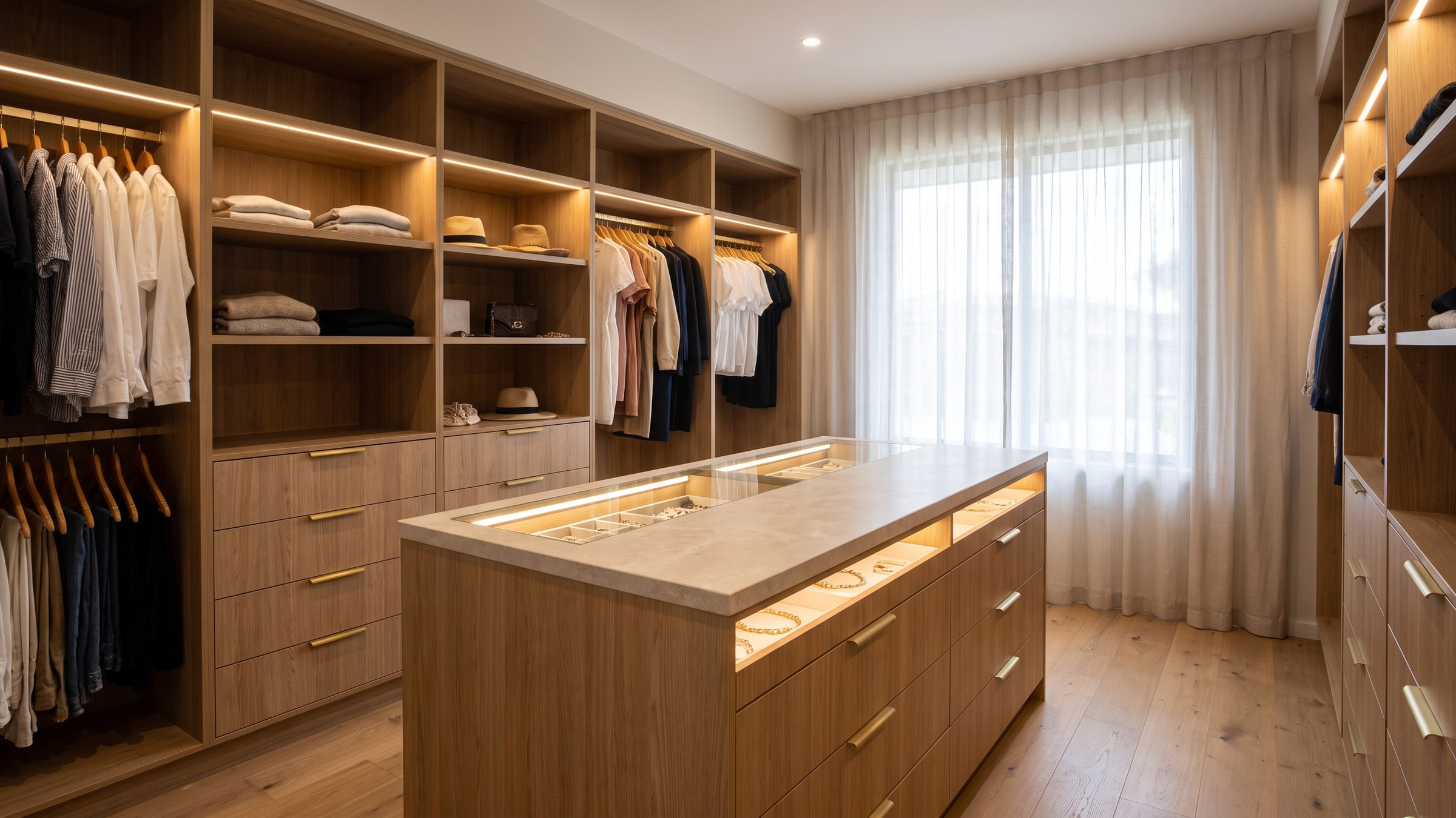 Custom fitted oak walk-in robe and dressing room on the Gold Coast