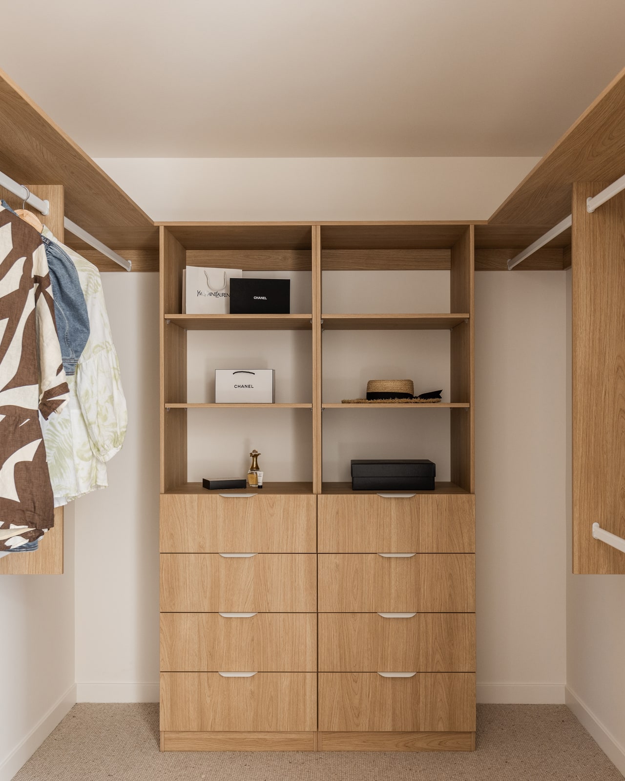 The finished fitted oak walk-in robe, built from the design - Paradise Point