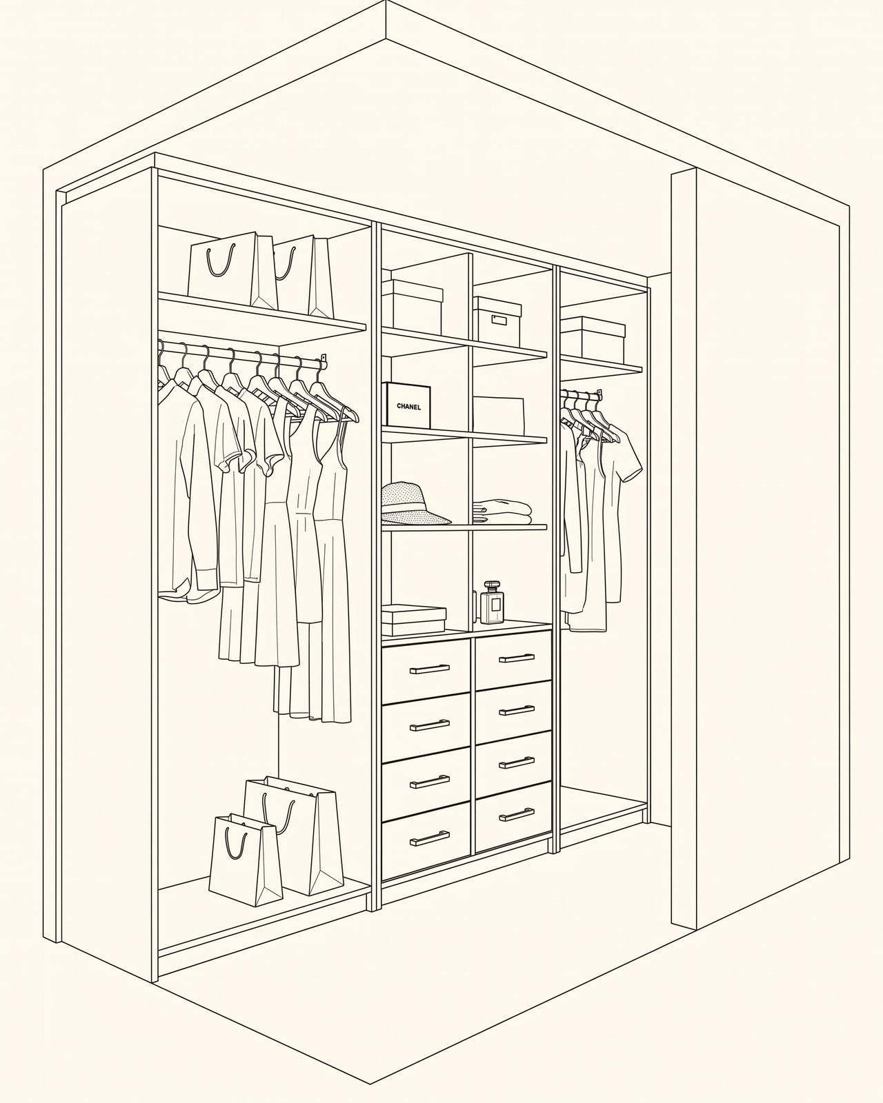 3D design drawing of a fitted oak walk-in robe, Paradise Point